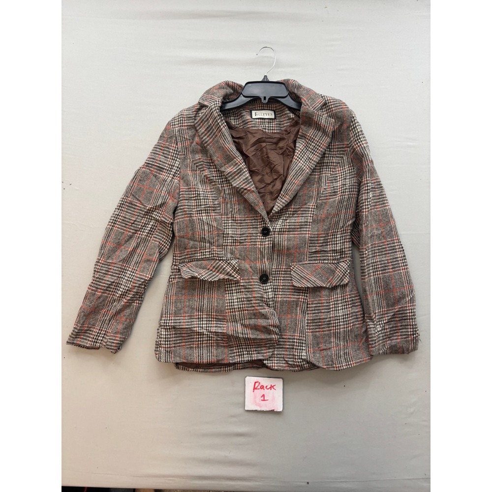 Elleven Glen Plaid Blazer Brown Grey Orange Wool Blend E174 Mens Medium